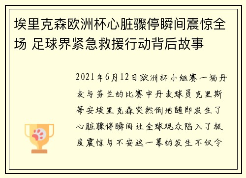 埃里克森欧洲杯心脏骤停瞬间震惊全场 足球界紧急救援行动背后故事