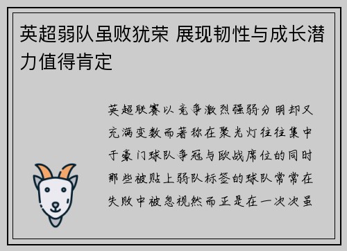 英超弱队虽败犹荣 展现韧性与成长潜力值得肯定
